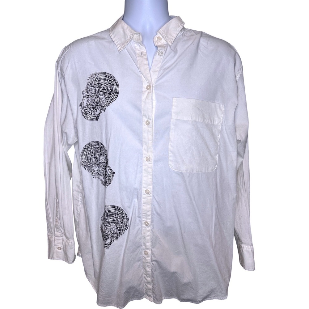 Hipchik Couture Womens White Rhinestone Skull Button Down Shirt L Good Edgy Hip